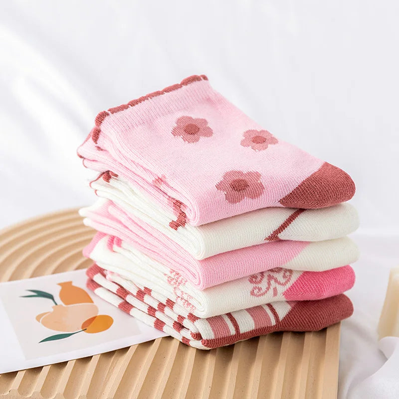 5 Pairs Pink Flower Kids' Socks